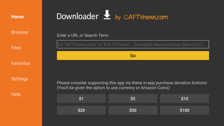 Next, launch the Downloader app and input any URL you prefer to install (side-load) any 3rd party application.
