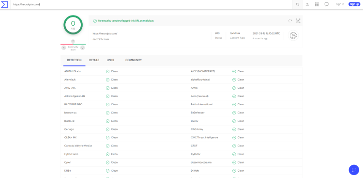 Before we review the Necro IPTV service, I first want to scan the official URL with VirusTotal.