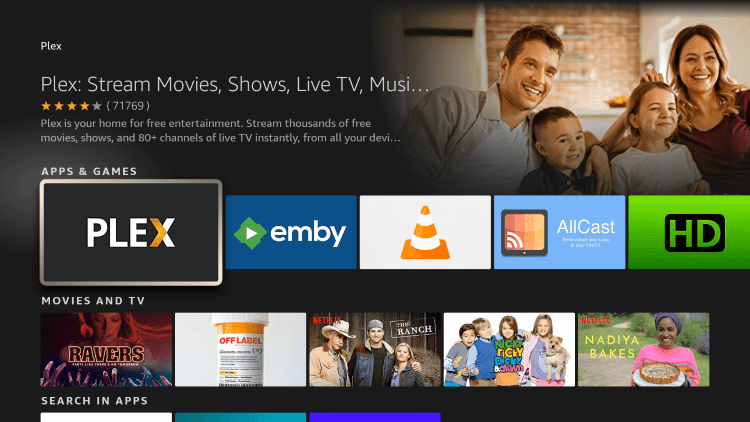 Click the option for Plex live tv under Apps & Games.