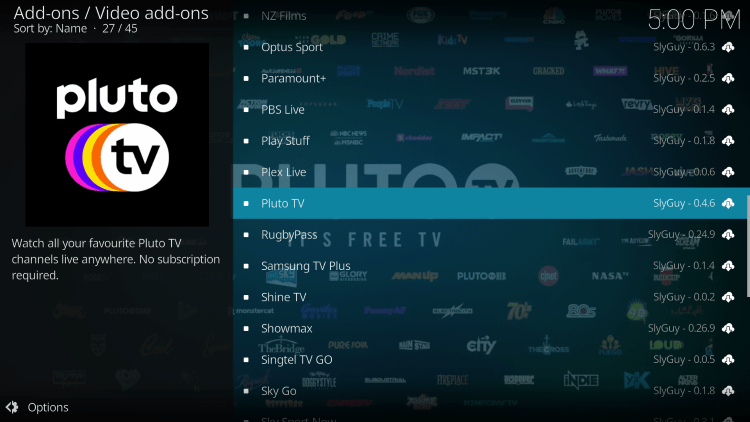 Click Pluto TV kodi addon